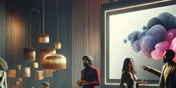 A luxurious, dimly-lit room with stylish adults engaging around a modern screen displaying abstract shapes.