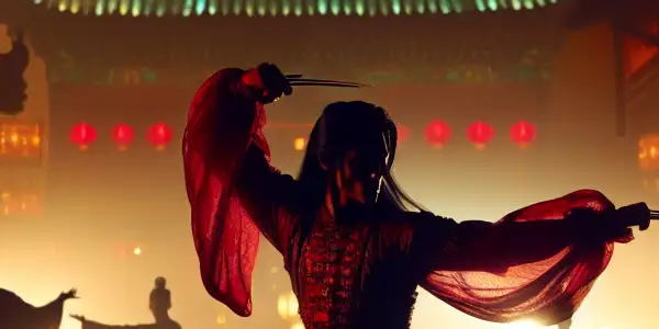 A dynamic scene of a heroic Chinese swordsman in a vibrant marketplace, blending martial arts and sensuality.