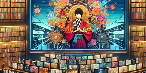 A modern library showcasing diverse adult film genres with stylish monitors and warm, inviting lighting.