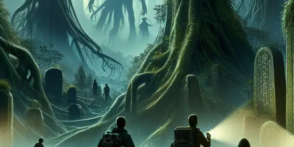 A group of adventurers cautiously approaches an eerie grave in a misty, ancient forest, haunted by a glowing weasel spirit.