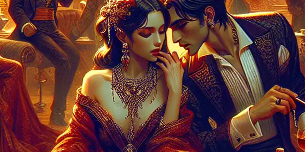 A couple passionately converses in a luxurious setting, embodying desire and power within high society.