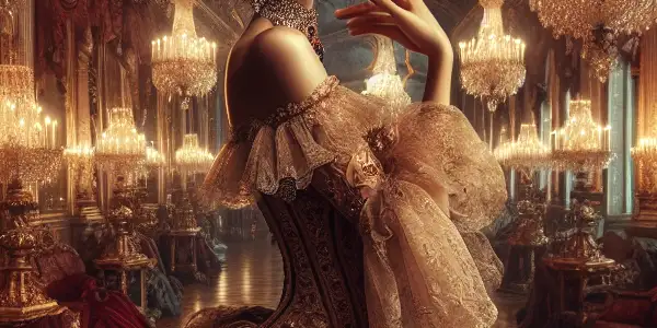 A romantic scene of Empress Sissi in a grand palace, adorned in an exquisite 19th-century gown.