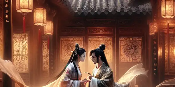 A romantic encounter between a man and woman in an ancient Chinese courtyard, surrounded by cherry blossoms and glowing lanterns.