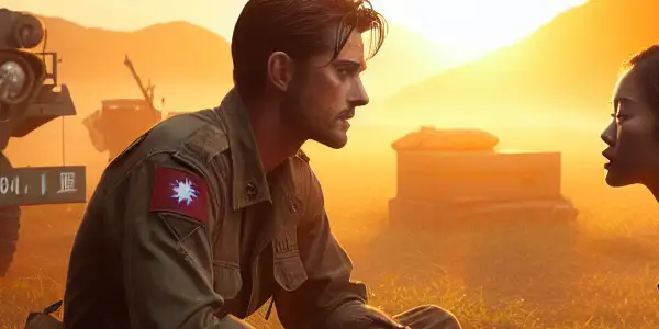 A passionate interaction between two military characters at a sunset-lit base, surrounded by vehicles and hills.