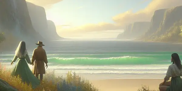 A romantic encounter between two figures in a lush forest, with a beach visible in the distance.