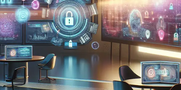 A futuristic room with screens displaying abstract, intimate visuals, emphasizing privacy and security in a modern setting.