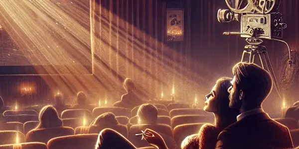 A couple watches a film in an intimate, dimly lit room, surrounded by romantic decor and a vintage projector.