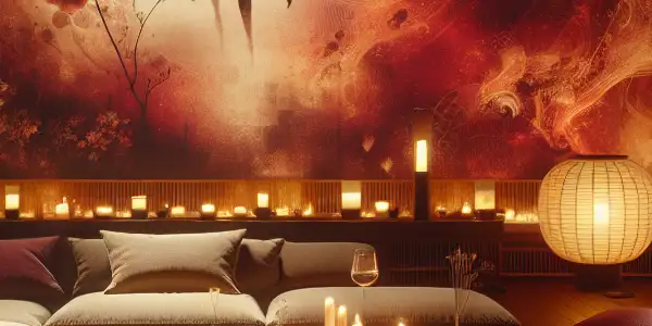 A cozy, dimly lit room featuring a comfortable couch, abstract visuals, and elements of Japanese adult film culture.