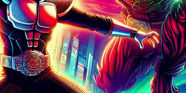 A masked hero battles a monstrous creature in a neon-lit urban setting, accompanied by a glamorous character.