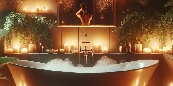 A cozy, elegant bathroom with a large bubble-filled bathtub, warm lighting, lush plants, and subtle hints of sensuality.