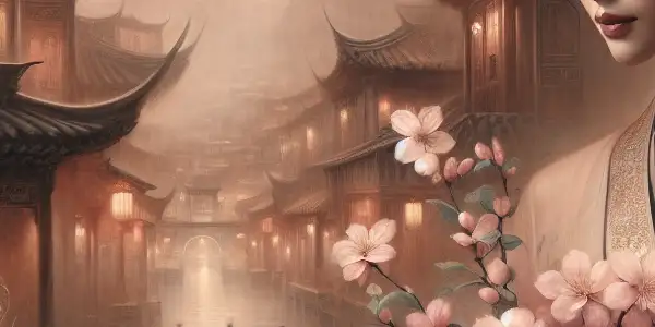 A graceful female character in traditional attire surrounded by cherry blossoms in a nostalgic Chinese town scene.