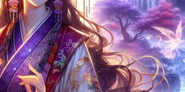 A captivating half-demon woman in traditional attire surrounded by glowing cherry blossoms and ethereal spirits in a mystical landscape.