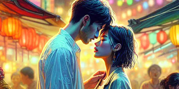 A vibrant Taipei night market scene with a couple sharing an intimate moment amidst food stalls and lively crowds.