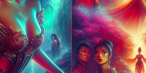 A glamorous female protagonist in a mystical, lush setting, embodying sensuality and strength, inspired by 80s Hong Kong cinema.