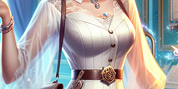 A confident character in a playful nurse uniform poses in a whimsical, softly lit room with vintage hospital decor.