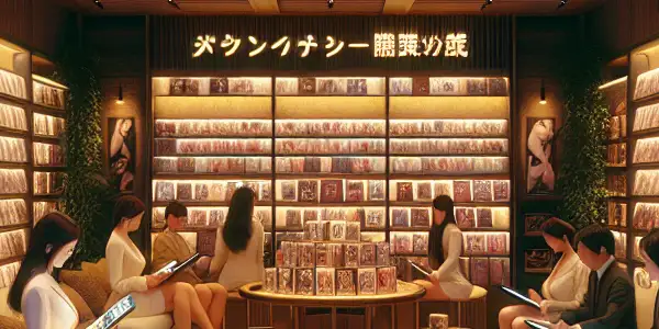 A cozy adult entertainment shop with warm lighting, diverse customers, and neatly organized shelves of adult films.