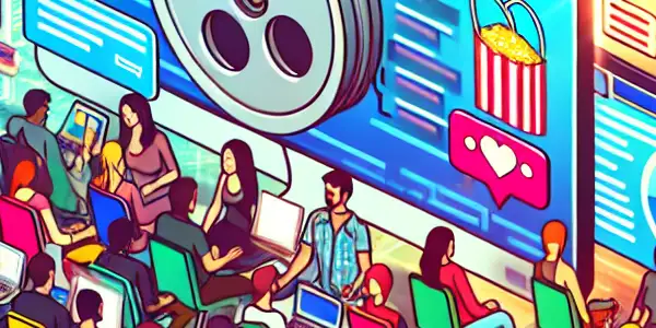 A vibrant digital community space with diverse users discussing adult films on various devices, filled with colorful chat bubbles.