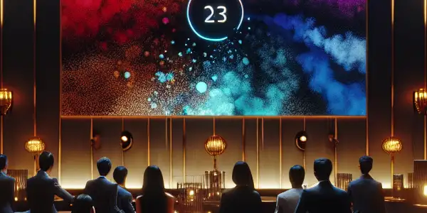 A luxurious lounge with plush seating and an elegant screen displaying abstract visuals of adult films.