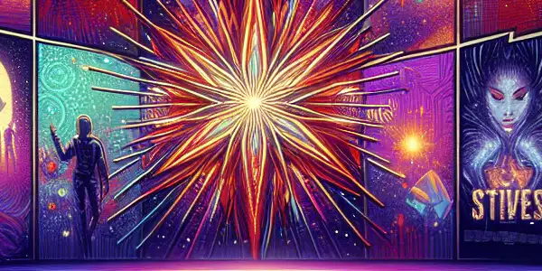 A vibrant cinema environment showcasing colorful movie posters and diverse figures engaging with an adult entertainment platform.