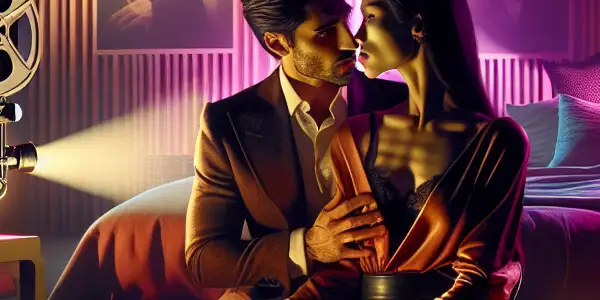 A stylish couple embraces in a contemporary Japanese bedroom, illuminated by soft neon lights and cinematic elements.