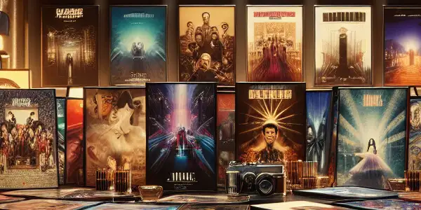 An elegant display of high-quality adult film covers on a modern table, surrounded by soft ambient lighting.