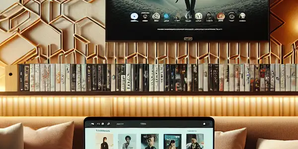 A cozy modern living room displaying curated adult films, featuring a stylish entertainment unit and inviting decor.