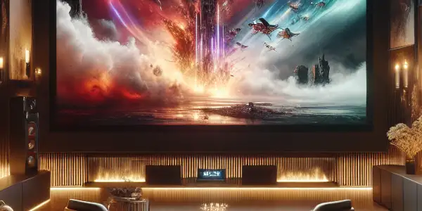 A luxurious home theater featuring a large screen, plush seating, advanced technology, and an intimate ambiance.