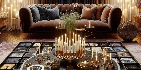 A luxurious, dimly lit room featuring an elegant coffee table with diverse adult film DVD covers and a high-definition screen.