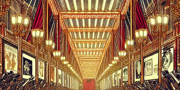 A glamorous film festival celebrating Japanese adult films, featuring a red carpet, photographers, and iconic movie posters.