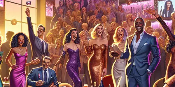 A lively adult-themed lottery event in a stylish lounge, featuring diverse participants and colorful lottery displays.