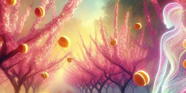 A lush orchard filled with ripe peaches and an alluring, abstract figure engaging with them.