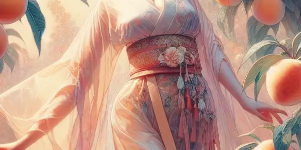 A female character in a sunlit orchard, symbolizing maturity and desire amid ripe peaches and soft pastel colors.