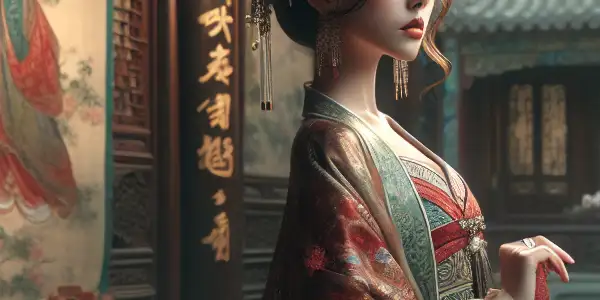 A confident woman in traditional Tang clothing poses gracefully in an opulent palace garden with cherry blossoms.<a href=