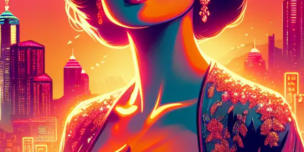 A glamorous actress in a retro outfit poses against a neon-lit Hong Kong cityscape, evoking 1990s cinema nostalgia.