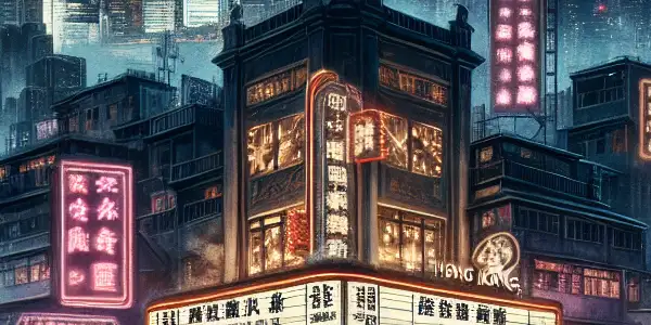 A vibrant Hong Kong skyline at dusk, featuring a vintage cinema hall and retro movie posters, reflecting adult film culture.
